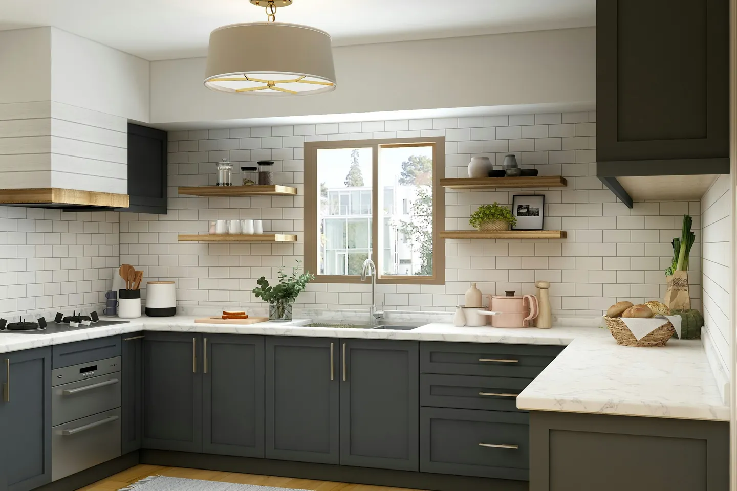 Cocina de diseño en verde oscuro con encimera de mármol