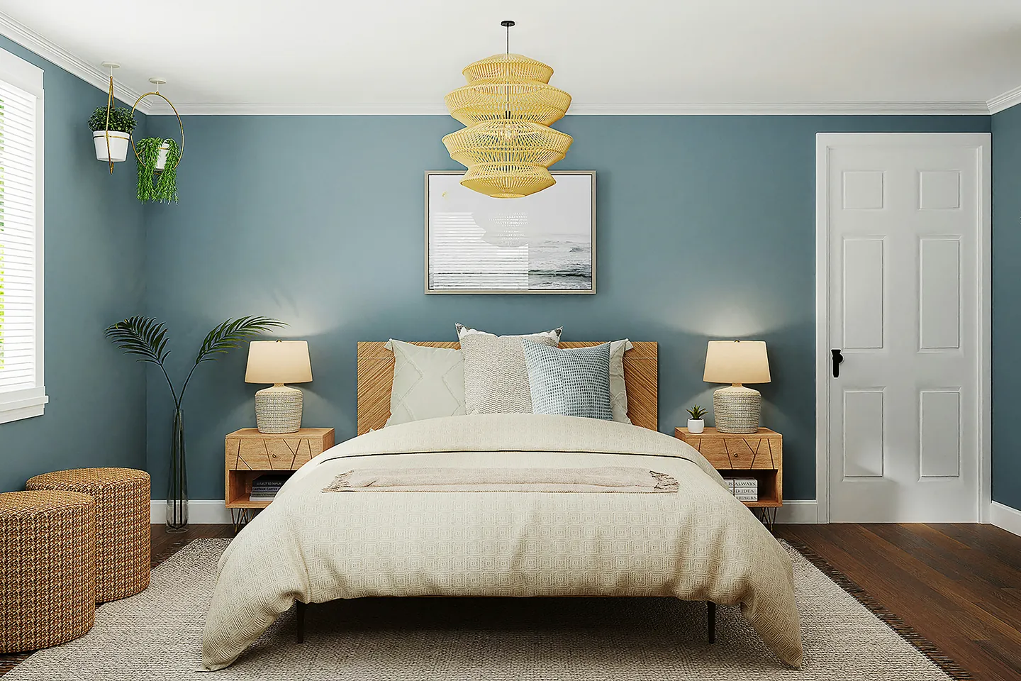 Dormitorio en tonos azules con lámpara de mimbre y textiles naturales